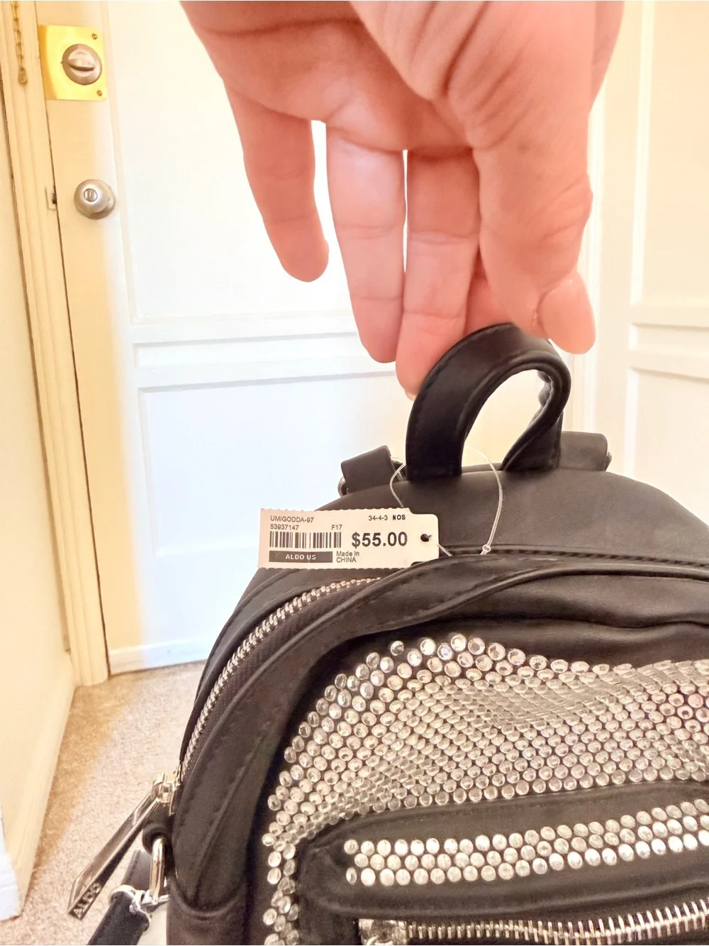 ALDO Black Mini Backpack with Silver Rhinestone Panels